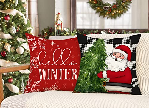 Buffalo Christmas Pillow Covers 18X18 Set Of 4 Farmhouse Christmas Decorations Snowman Wreath Santa Claus Tree Merry Christmas Hello Winter Holiday Decor Throw Cushion Case For Home Couch S22C37 #TOP3