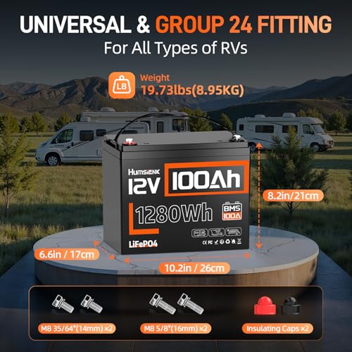 Image of HumsiENK 12V 100Ah LiFePO4 Battery- Group 24 Size for Marine /Trolling Motor, Built-in 100A BMS,15000+ Deep Cycle Lithium Battery with Low-Temp Cutoff for RV /Camping /Off-Grid