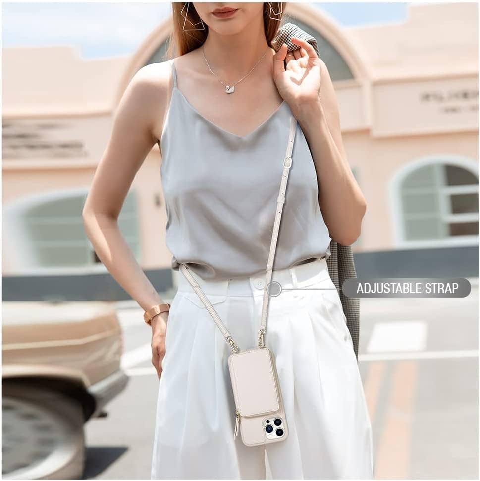 ZVE iPhone 13pro max適応ケースストラップ付き 6.7インチ [RFIDブロッキング]アイフォン13promax用カード収納ケース お札入れ ショルダーベルト あいふぉん13promax背面財布型ケース 肩掛け＆首掛け アイフォン13プロマックスカード入れケース 落下防止 アイフォン13promax適応ケース 6.7インチ（ホワイト）