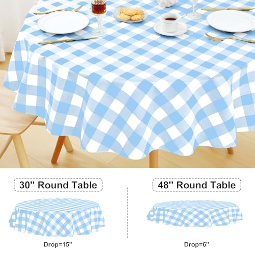 Image of misaya Round Waterproof Vinyl Table Cloth, Buffalo Flannel Backed Tablecloth, Wipeable Plastic Table Cover for Dinner, Kitchen, Picnic (60 inch, Baby Blue and White)