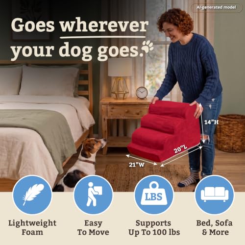 Image of Snoozer Scalloped Dog Ramp, 14 inch Tall Foam Pet Stairs, 3 Steps, Red
