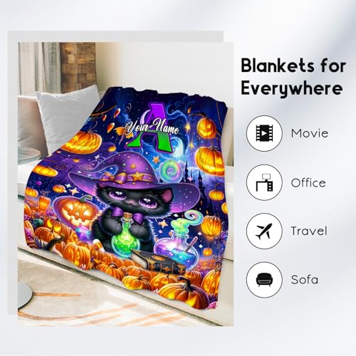 Halloween Blanket Gifts, Cat Blankets for Cat Lovers, Personalized Girls Throw with Name, Custom Monogram Gifts, Cute Flannel Throw for Kid Women (4 Sizes Choose)