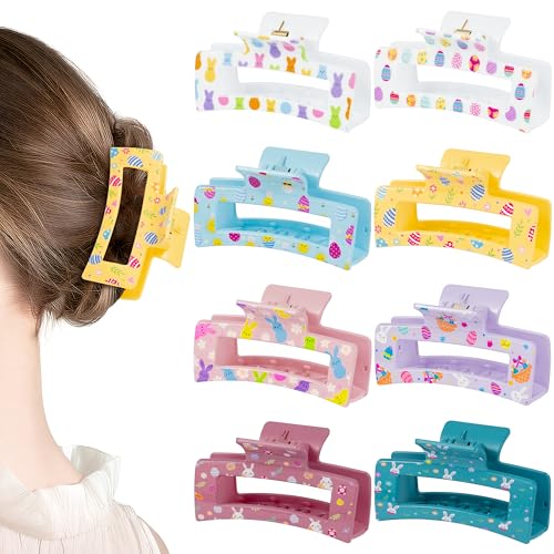 PANTIDE 8Pcs Easter Hair Claw Clips for Women Girls - Bunny Rabbit Egg Rectangle Nonslip Banana Acrylic Hair Clips, Thin Thick Short Long Curly Accessories, Easter Spring Party Birthday Gift