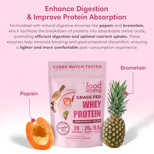 Image of Foodstrong Whey Protein Powder (Concentrate + Isolate), 100% Hormone Free Grass-Fed Whey, 26G Protein & 6.6G BCAA, Strawberry, With Turmeric & Digestive Enzymes, 1KG