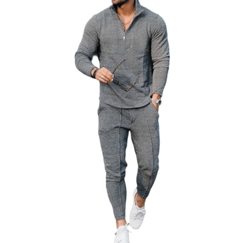 KISSQIQI Mens 2 Piece Textured Zippered Stand-up Collar Long Sleeve Stylish Casual Sports Suit