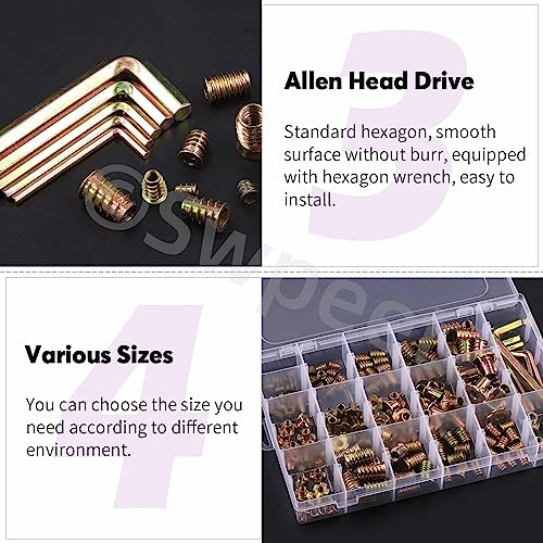 Swpeet 175Pcs M4 M5 M6 M8 M10 Metric Carbon Steel Color Zinc Plated Threaded Inserts Nuts and T-Nut 4 Pronged Tee Blind Nuts with Wrench Assortment Kit for Wood Furniture Bolt Fastener Screw Inserts - Image 4