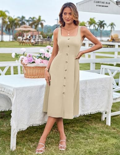 Image of GRACE KARIN Women's Summer Dress 2025 Casual Square Neck Flattering A-Line Button Down Midi Tank Sundress with Pockets