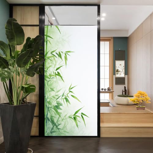 Mist Bamboo Window Privacy Film Countryside Beautiful Forest Plants Natural Stained Glass Window Film Sun Blocking Heat Control Decorative Window Covering Film for Home Office 31.5Wx55.1L