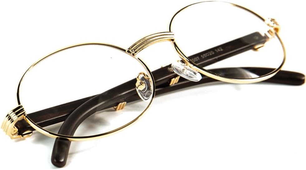 Men's Women's Classic Oval Woodgrain Arm Vintage Narrow Nerd Retro 90's Circle Hip Hop Clear Tint Glasses Round Gold Frame Non Prescription Woodgrain Clear Lens Eye Glasses