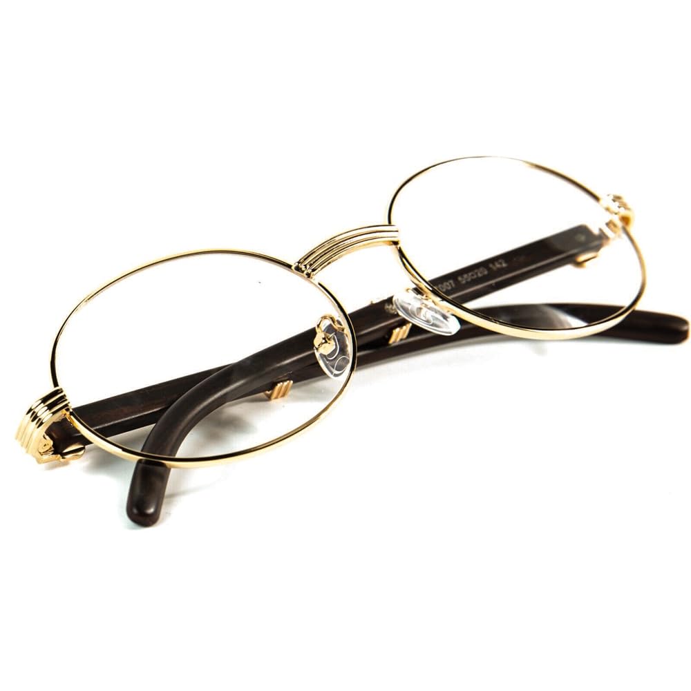 Men's Women's Classic Oval Woodgrain Arm Vintage Narrow Nerd Retro 90's Circle Hip Hop Clear Tint Glasses Round Gold Frame Non Prescription Woodgrain Clear Lens Eye Glasses