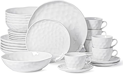 HOMBENE - Juego de vajilla blanca de 30 piezas para 6, juegos de vajilla de porcelana, juegos de platos de gran tamaño para ensalada de postre y