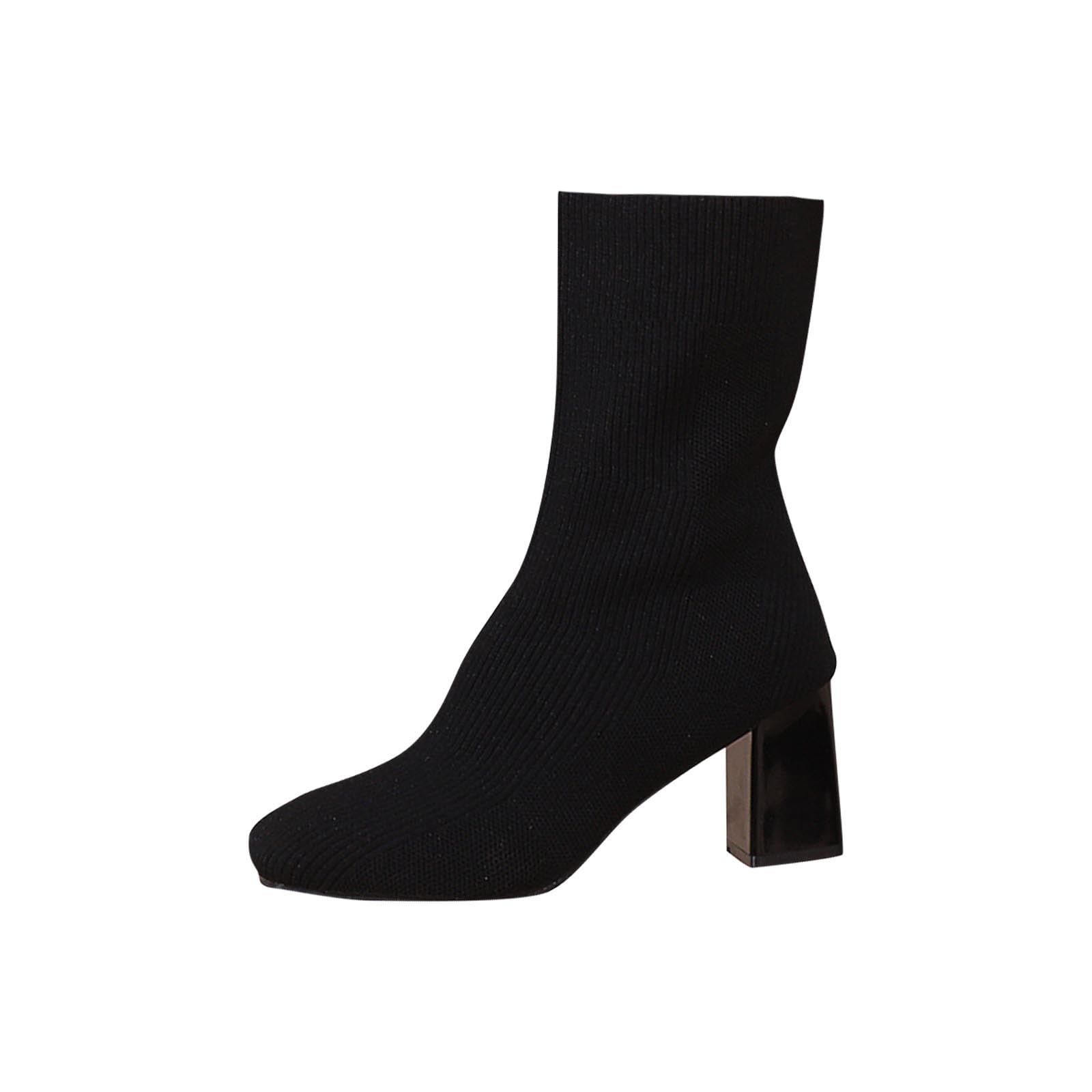Women Knitted Socks Boots Round Toe Chunky Heel Mid Calf Height Comfortable Stretchy Design