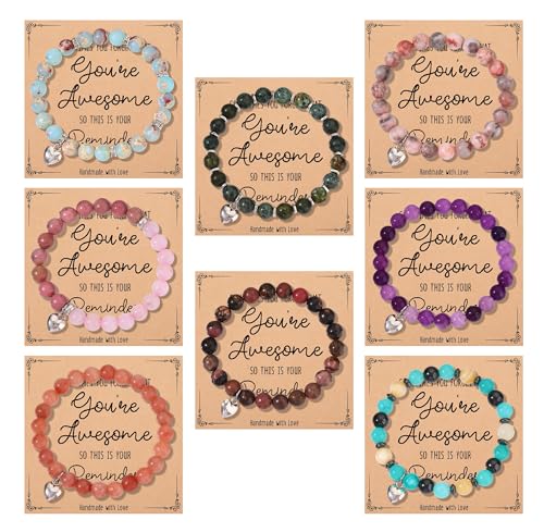 CASDAN 8Pcs Beaded Bracelets for Women Natural Stone Heart Bracelet Sometimes You Forget You're Awesome Inspirational Jewelrycard Gifts for Her Friend Sister Mom on Mother's Day/Birthday/Graduation/Easter/Christmas