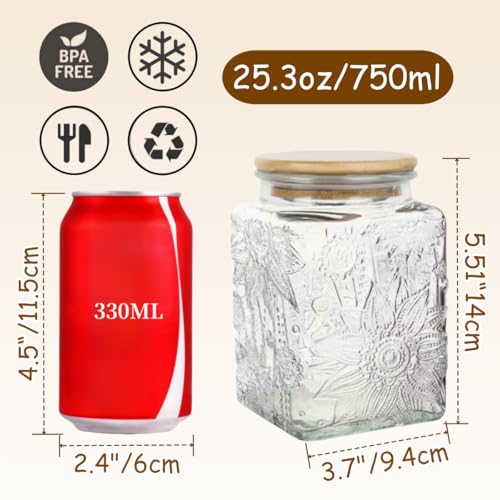 Image of ANSQU Square Glass Jar with Lid, 25.3oz Vintage Coffee Canister | Glass Food Storage Container for Ground Coffee, Tea, Sugar, Candy, Decorative Glass Jar, Cute Jar