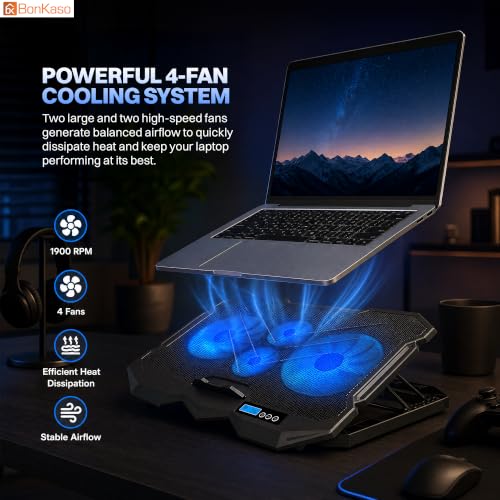 Image of Bonkaso Laptop Cooling Pad for Up to 17 Inch Laptops, 4 High-Speed Blue LED Fans, 1900 RPM, Smart LCD Display, 8-Level Adjustable Stand, Dual USB Ports, Iron Mesh, 21 dBA, Black