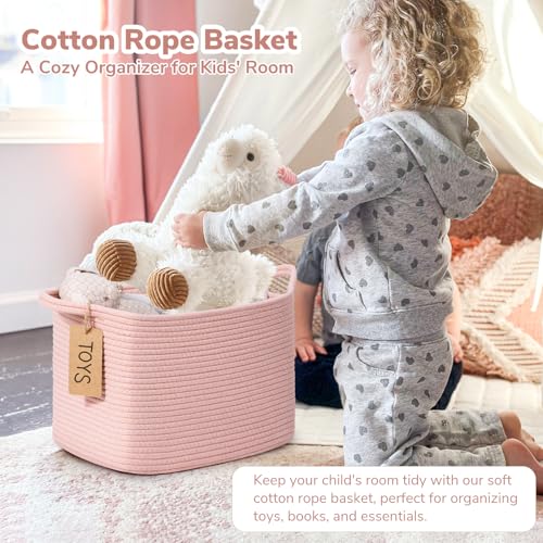 Image of Goodpick Woven Rope Storage Basket for Shelves, Rectangle, Pink