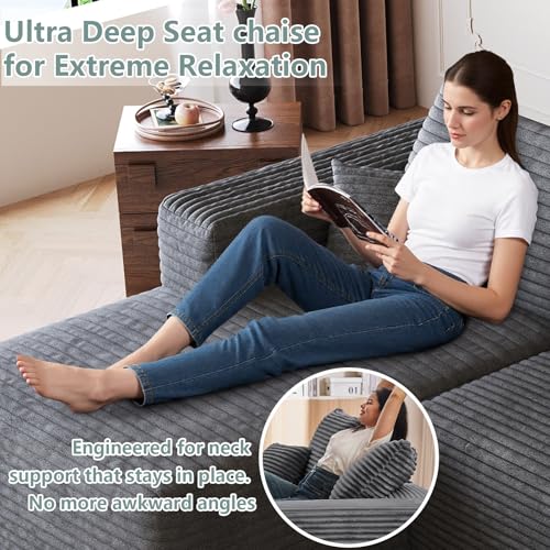 Image of 95 inch Modular Sectional Sofa, Modern Corduroy Cloud Couch with Side Pockets, Boneless Couch Upholstered 3-Seater L-Shaped Sofa for Living Room, No Assembly Required (Dark Gray,Left-Facing Chaise)