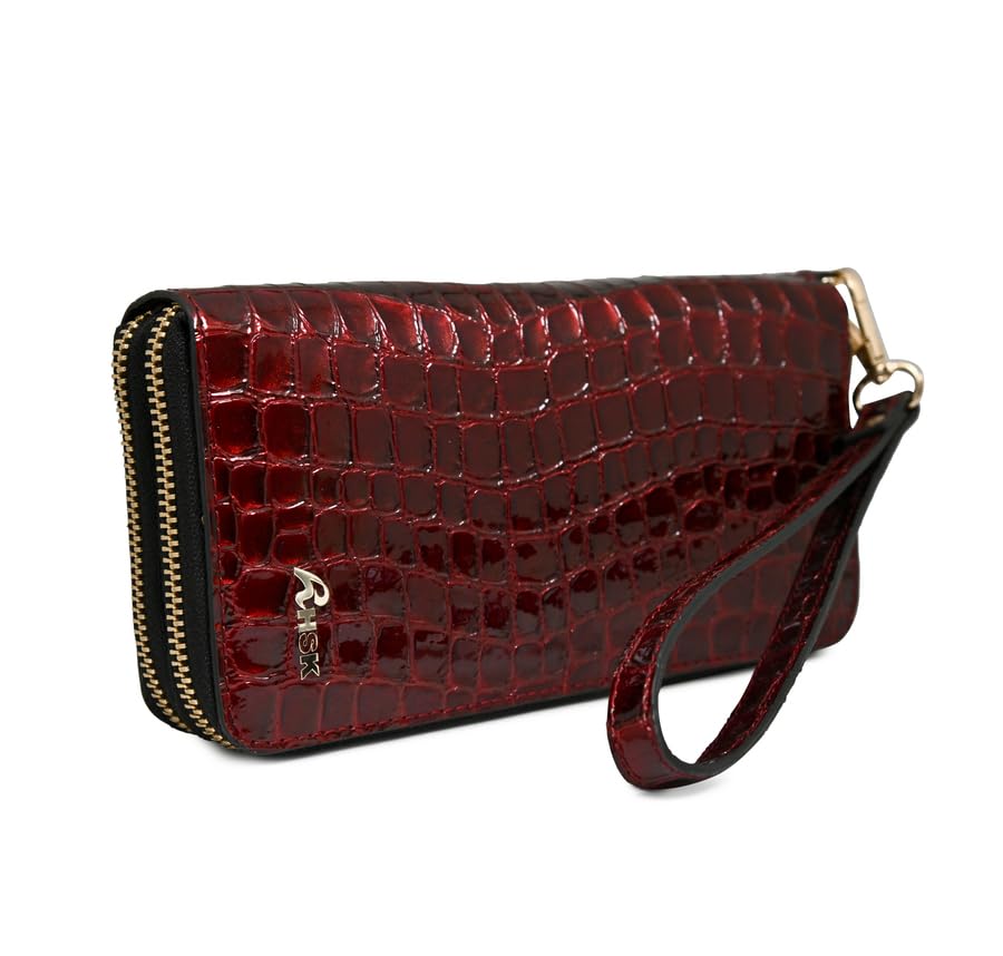 Ladies Crocodile Pattern Leather Wallet, Burgundy Red, Zip Around with Wristlet Strap-image-6