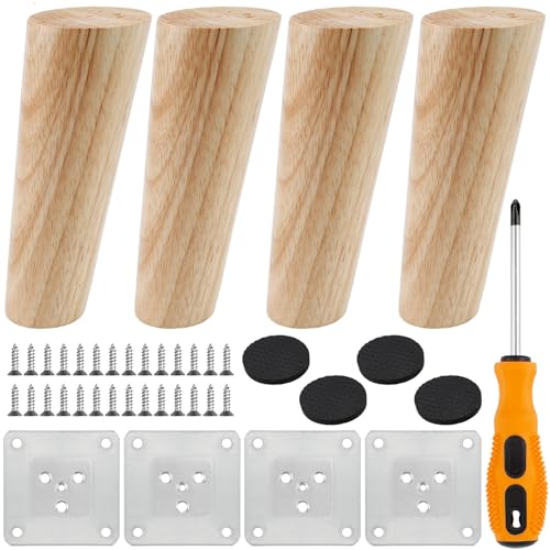4 Patas de Madera para Muebles,Patas Inclinadas Cónicas con Placa de Montaje Patas de Madera para Mesa Mesitas de Noche Sofá Pequeñas para Cajas Maderas de Maderas para Cama Armarios