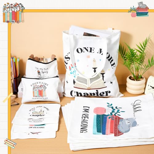 Paterr 12 Pcs Book Club Gifts Bulk Reading Canvas Tote Bag with Makeup Bag Book Lovers Gifts for Women - Reading Accessories, Librarian, Bookish, Readers, Author, Library Present4