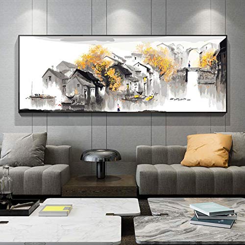 Paisaje de la ciudad china Pinturas en lienzo Pintura en tinta Paisaje Póster Imprimir Imagen de arte de pared para sala de estar Decoración para el hogar 70x280cm (28x110in) Sin marco Cover