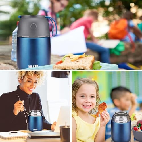 Image of MAXSO 2 Pack Soup Thermo for Hot & Cold Food (24 oz, 17 oz) - Vacuum Insulated Jar, Thermal Lunch Containers for Kids Adults, Travel Flask With Spoon (Dark Blue)
