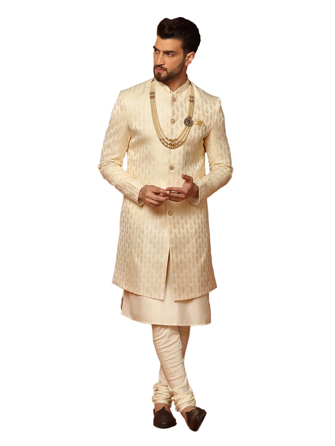 Men's Black Indo-Western Kurta Sherwani Churidar Set Cotton Silk Full Sleaves, Knee Length, Straight, Regular Fit, Mandarin Collar Ethnic Casual