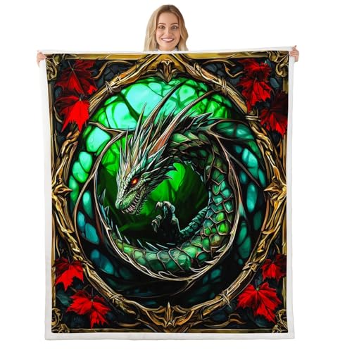 Image of Homemissing Dargon Sherpa Throw Blanket for Couch Wild Life Super Soft Cozy Fleece Jungle Dragon Blanket for Winter, Plush Throw Green Black Queen 90x90Inch 3D Dino Print All Season