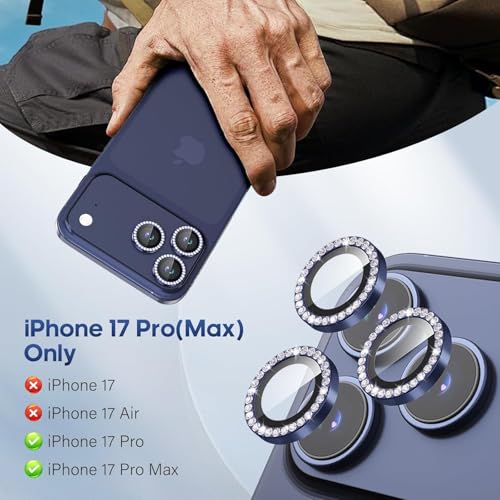 Image of for iPhone 17 Pro / 17 Pro Max Camera Lens Protector Bling, Individual Diamond Metal Ring with 9H Hardness, Scratch-Proof Camera Screen Protector, Stylish Accessories, Case Friendly (Blue)