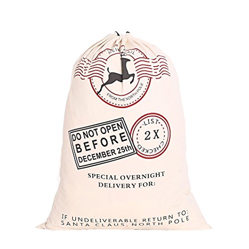 DZT1968® Beige Large Canvas Merry Christmas Santa Sack Xmas Stocking Reindeer Gift Storage Bag (A)