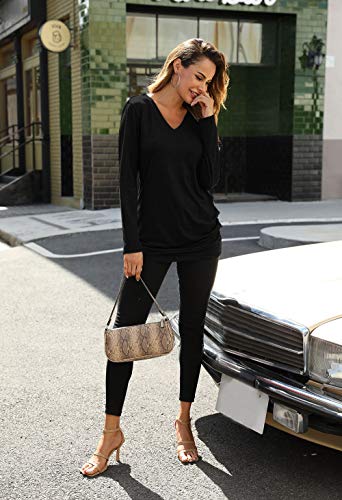 Women Long Sleeve V Neck T Shirts Loose Fitting Tunic Solid Color Tops Plain Casual Blouse Camisas de Mujer