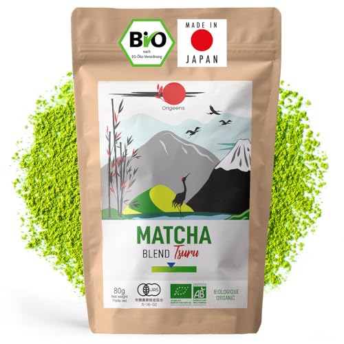 ORIGEENS Japanischer Bio Matcha Pulver Tee Tsuru (Latte Mild) - Blend Shizuoka und Kagoshima - Matcha Tee Bio 80g-Beutel