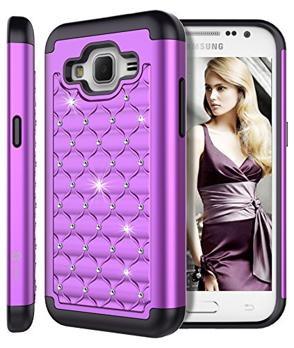 Galaxy Core Prime Case, Style4U Studded Rhinestone Crystal Bling Hybrid Armor Case Cover for Samsung Galaxy Core Prime G360 with 1 Style4U Stylus [Purple/Black]