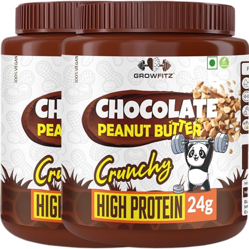 Image of Growfitz Peanut Butter Chocolate Crunchy 800g | 24g High Protein Peanut Butter | 7g Fiber | Tasty & Healthy Nut Butter Spread for Breakfast & Snacks | Roasted Peanuts | Zero Sugar (Pack of 2)