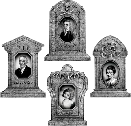 Bayuyi Pierres Tombales Halloween 43 cm Lot de 4 – Décoration Extérieure Cimetière Effet Pierre Réaliste Recto Verso avec Piquets, pour Jardin, Pelouse, Cour, Allée et Fête à Thème Hantée