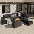 VONZOY Patio Furniture Set, Wide Armrest Outdoor Furniture Set with 44" Fire Pit Table Thick Cushions, 7 Piece Wicker Rattan Patio Sectional Sofa for Backyard, Poolside, Garden