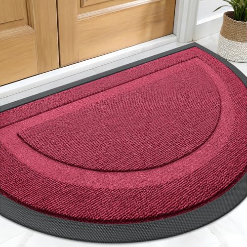 Image of OLANLY Half Circle Door Mat Indoor Outdoor Entrance Welcome, Waterproof All-Season, All-Weather Doormat, Sturdy Natural Rubber, Low Profile, Easy Clean Patio Porch Entryway Mat, 29.5x17, Burgundy