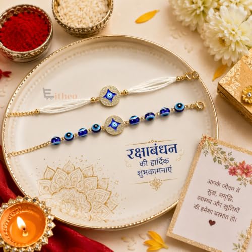 Image of EITHEO Designer Evil Eye Bhaiya Bhabhi Rakhi Set with Blue Evil Eye Charm, Lumba Rakhi, Adjustable Handmade Bracelet with Roli Chawal, Chandan & Mishri (Couple Set of 1)