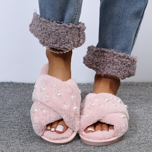 Women's Fuzzy Slippers Crossbands Fluffy House Slides Bride Slippers for Wedding Pearl Women Open Toe Comfy Slip on Memory Foam Soft Plush Furry Slipper Home Shoes Bridal Shower Gifts2