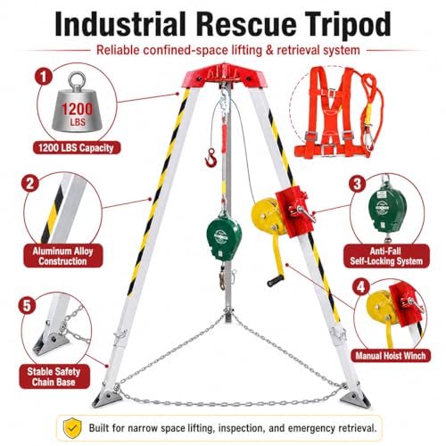 WEBUEP Industrial Rescue Tripod - 1200LBS Capacity Aluminum Hoist Tripod with Anti-Fall Self-Locking System, for Narrow Space Lifting & Emergency Retrieval, Manned Safety Equipment