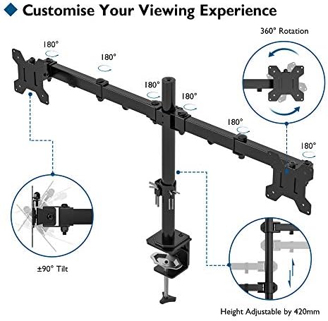 BONTEC uchwyt na 2 monitory 13-27 cali, wychylny, regulacja wysokości, monitor na biurko, stojak na monitor, ergonomiczny stojak do monitora, 8 kg VESA 75/100, czarny