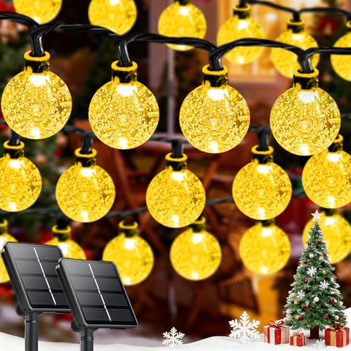 2-Pack 100 LED 32FT Crystal Globe Solar String Lights Outdoor, Waterproof Solar Lights Outdoor Decorative with 8 Lighting Modes, Solar Powered Patio Lights for Garden Yard Party (Warm White)