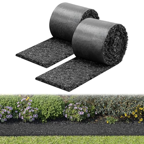 VEVOR Rubber Mulch Mat Roll 2 Rolls 140 x 4.5 in Recycled Rubber Permanent Mulch Edging Border Natural-Looking Flower Barrier with Stakes 0.5 in Thick Cuttable Garden Edgings for Landscaping