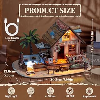 3D Wooden Puzzles for Adult,187pcs Hawaiian Vacation Beach House Kit,DIY Wooden Model Kits with LED Light for Adults-Toy Gifts for Ages 14 and up