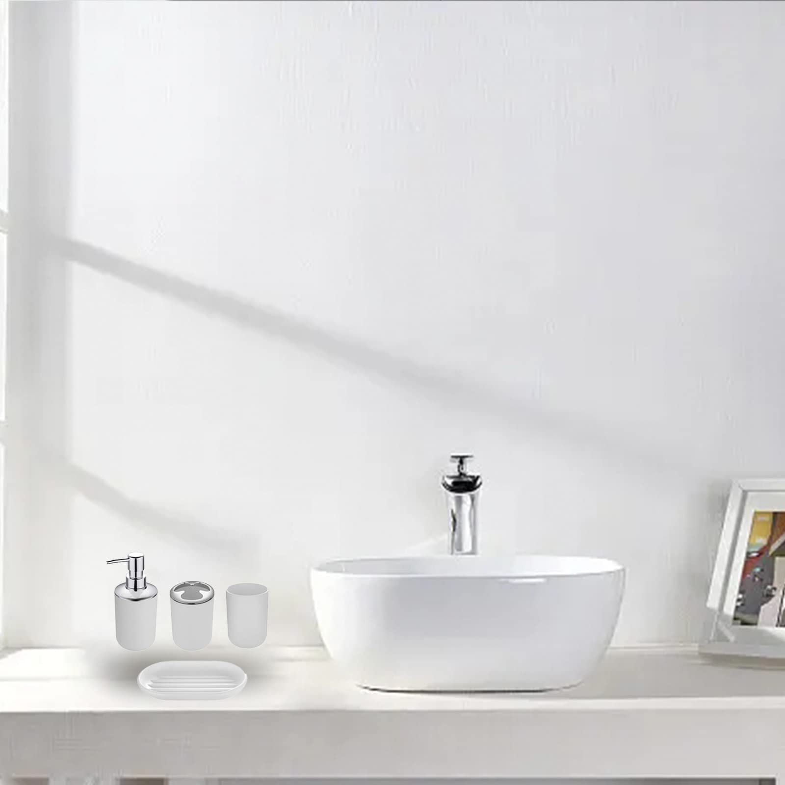 Hosoncovy 4 Pieces Bathroom Accessory Set including Soap Dispenser, Bathroom Cup, Soap Dish ,Toothbrush and Toothpaste Holder (White) - Image 3