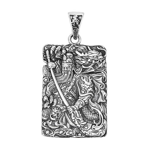 S925 Sterling Silver Martial God of Wealth Guan Gong Pendant, Vintage Fashion Versatile Sterling Silver Pendant Necklace