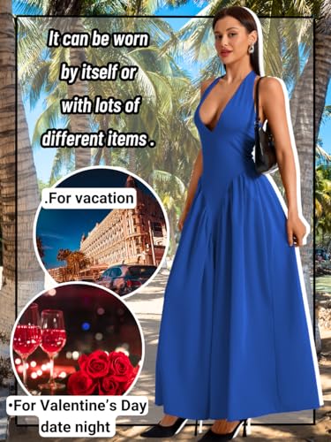 Image of ChiaoLezhee Deep V Neck Dress, Halter Maxi Dresses, Vacation Date Night, Sexy for Women Corset Flowy Wedding Guest Drop Waist