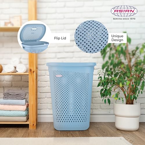 Image of Asian Plastowares - Verona Laundry Basket with Lid | Large Size | Multi-Utility Storage Basket /Bin for Clothes, Toys, Kitchen & Household | BPA Free | Durable & Space-Saving | Bluish Grey