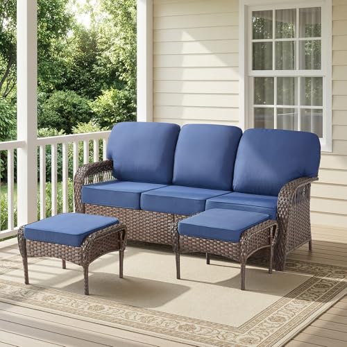 Belord Luxury Outdoor High Back Couch with Ottoman, All-Weather Wicker 3-Seater Sofa, 3 Piece Patio Conversation Furniture Set,Blue