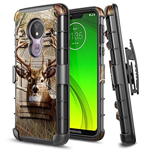 E-Began Moto G7 Power Case, Motorola Moto G7 Optimo Maxx /Moto G7 Supra Case, Belt Clip Holster Kickstand Hybrid Heavy Duty Armor Defender Shockproof Rugged Premium Case -Deer